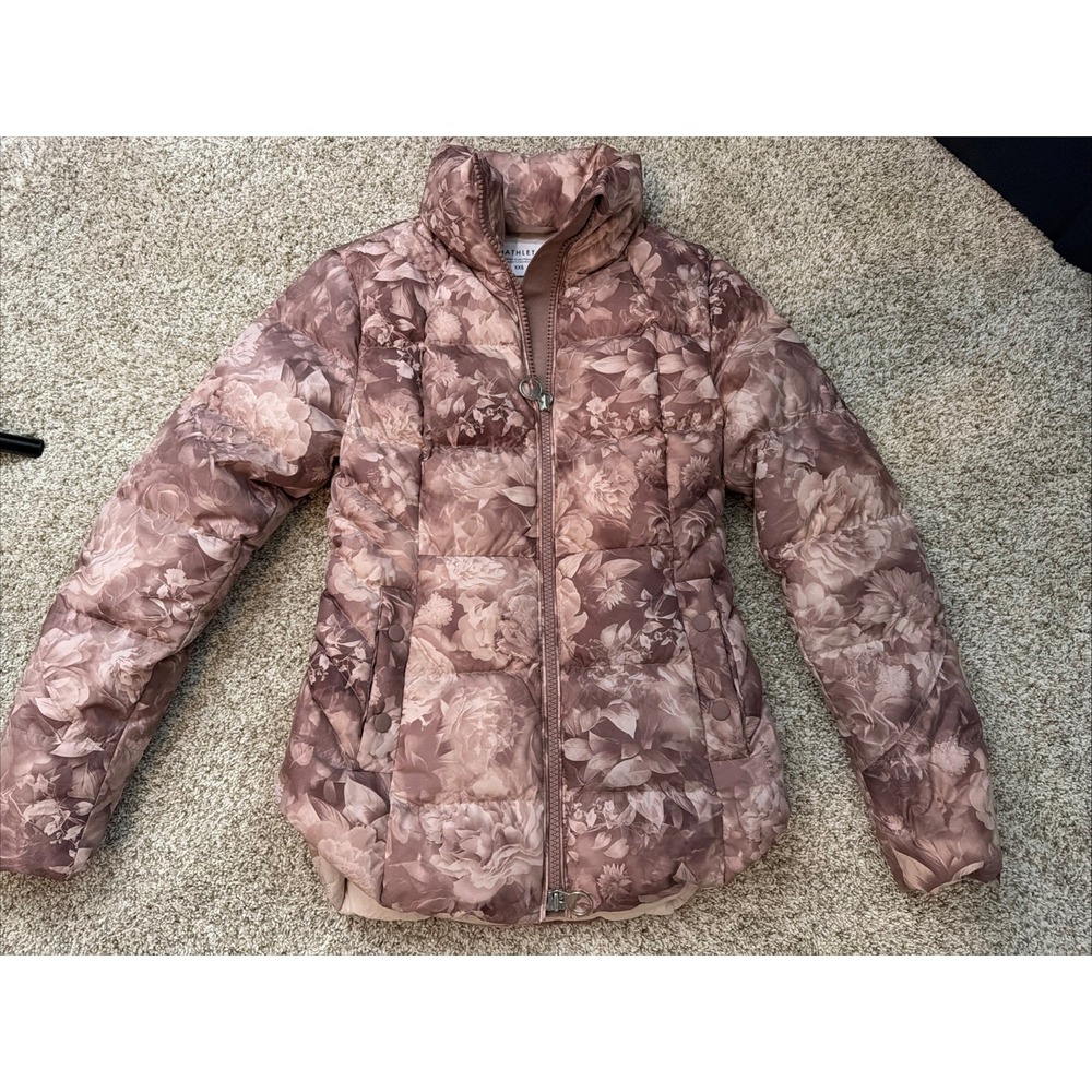 Athleta Downtown XXS Pink Floral Print Down Puffer Winter Jacket Coat
